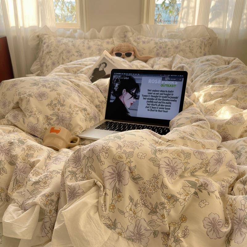 202新品新中纯棉5四UIN件套博风花边款全棉四主件式套被套床笠款