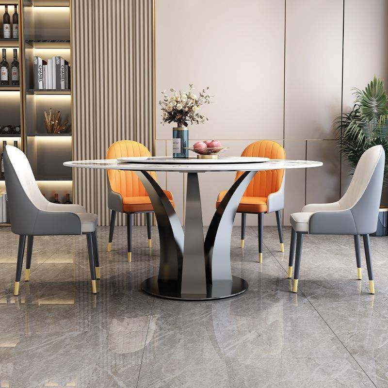 轻家奢亮光岩板餐桌椅组合现代简约小转QFM户型酒用圆形带盘店圆