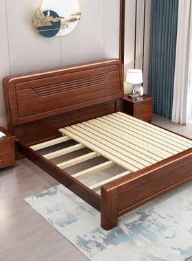 现代中式用胡主桃木床家卧REQ室实木双厂人床简约轻奢风格大床家