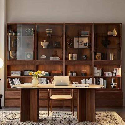 满美墙卡座书柜北黑木胡桃书柜一体柜SHG-0411整墙书橱展示柜储物