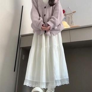 秋冬季淑女感紫色纽扣针织毛衣外套+白色蕾丝吊带连衣裙两件套装