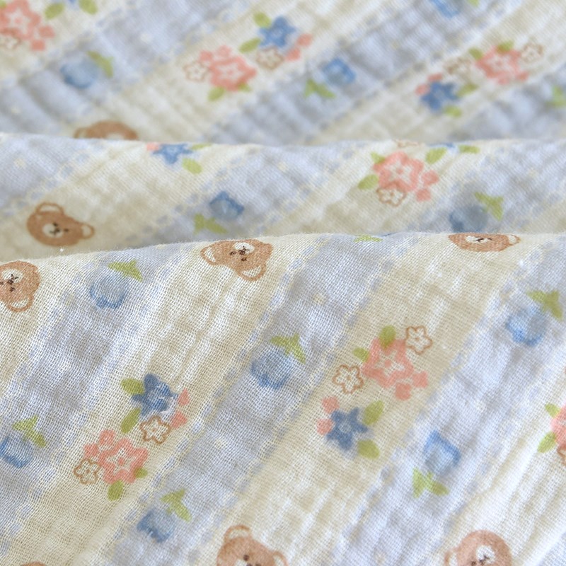 夏薄纯棉泡泡棉纱圆领竖条卡通熊宽松短袖家居服睡衣套装女可外穿