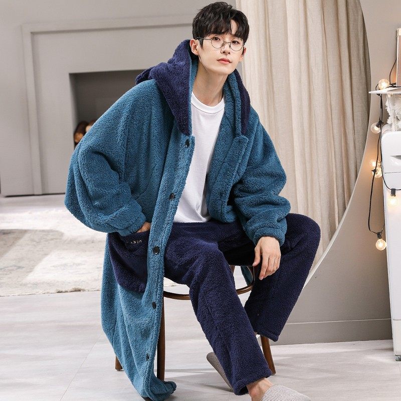 睡袍男秋冬加厚长款珊瑚绒睡衣男士卡通可爱法兰绒浴袍加裤子套装