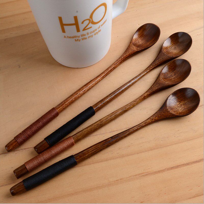 日式创意咖啡勺蜂蜜勺搅拌勺饭勺汤勺实木绑线长柄完毕家用餐具
