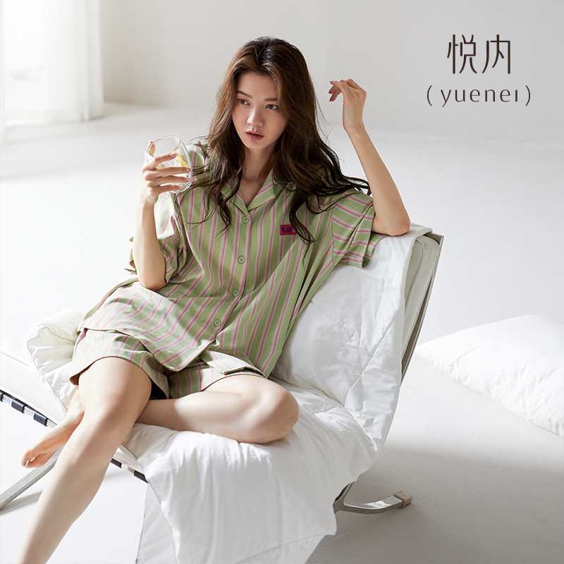 悦内睡衣女款夏季短袖短裤纯棉家居服夏款夏天条纹可出门外穿套装