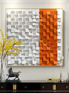 木头实物立体纯手绘油画北欧餐厅玄关装饰走廊过道抽象白橙色挂画