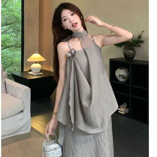 新中式禅意套装挂脖吊带连衣裙夏日绝美子清冷艺术薄纱海边度假裙