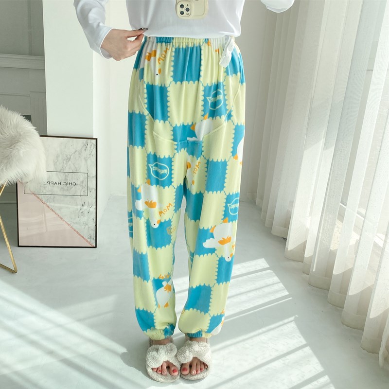 卡通海岛绒高腰托腹睡裤女冬季加厚大码胖MM宽松孕妇保暖家居长裤