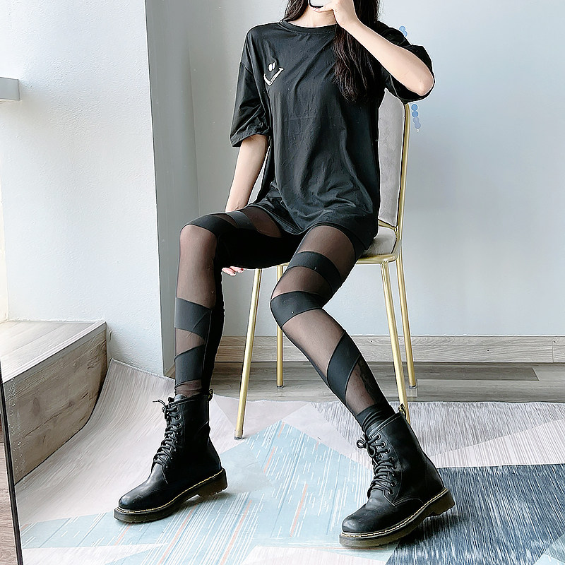 黑色打底裤女外穿春秋款薄款网纱拼接个性九分高腰紧身显瘦小黑裤