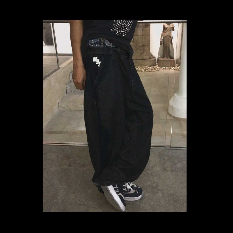 Mid9summer黑色拼接宽松直筒老爹滑板牛仔裤
