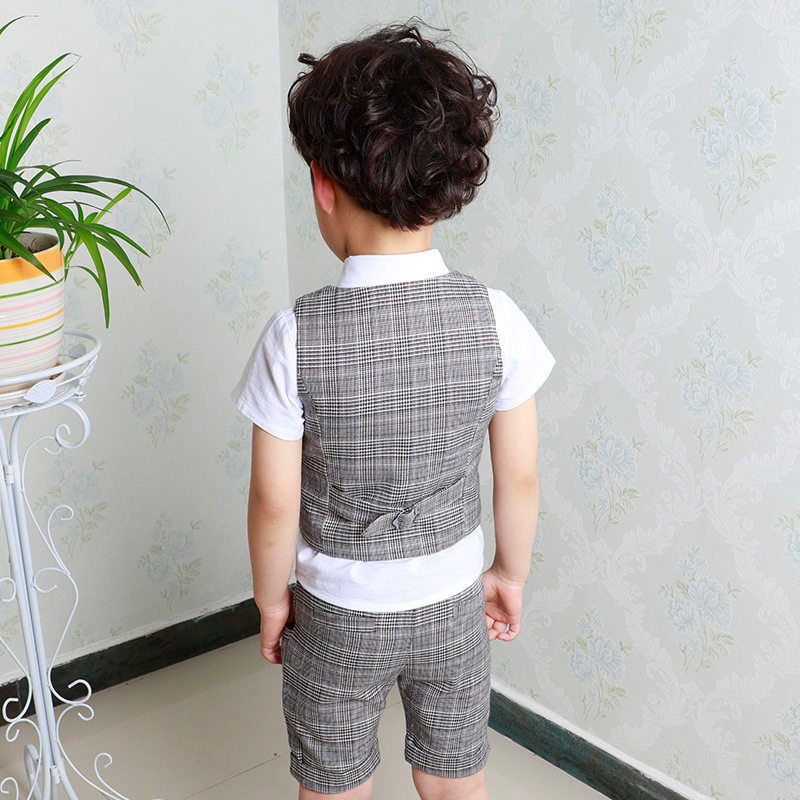 男童西装马甲三件套夏季儿童套装宝宝短袖格子礼服花童礼服演出服