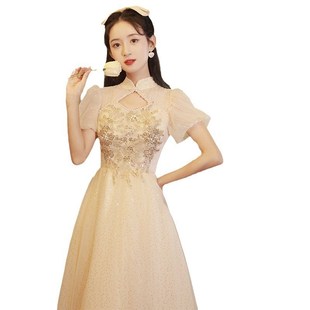 新中式晚礼服女2024新款高端小众学生艺考宴会主持人长裙毕业轻奢