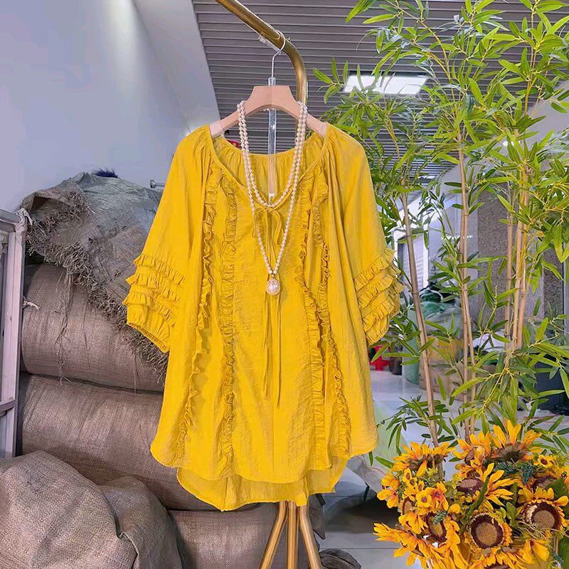 胖MM加肥系带领荷叶边短袖上衣大码女装宽松遮肚子夏季款百搭小衫