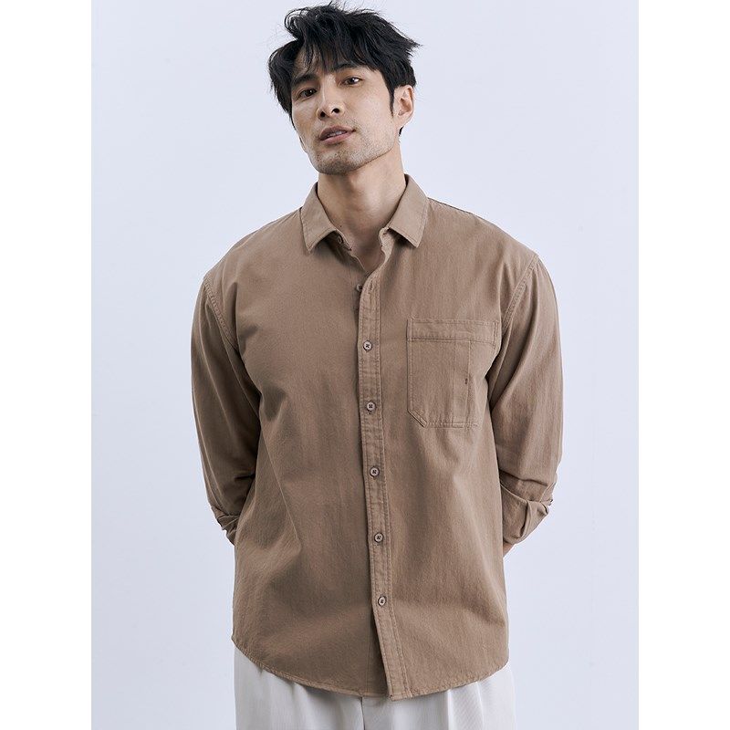 绅士商务复古水洗单口袋纯棉休闲咖色衬衫百搭宽松长袖白衬衣男潮,男装,衬衫,淘宝优惠券,粉丝福利购,淘宝优惠卷