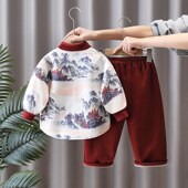 加厚唐装 男童汉服冬季 儿童新中式 宝宝中国风古装 新年衣服 加绒套装