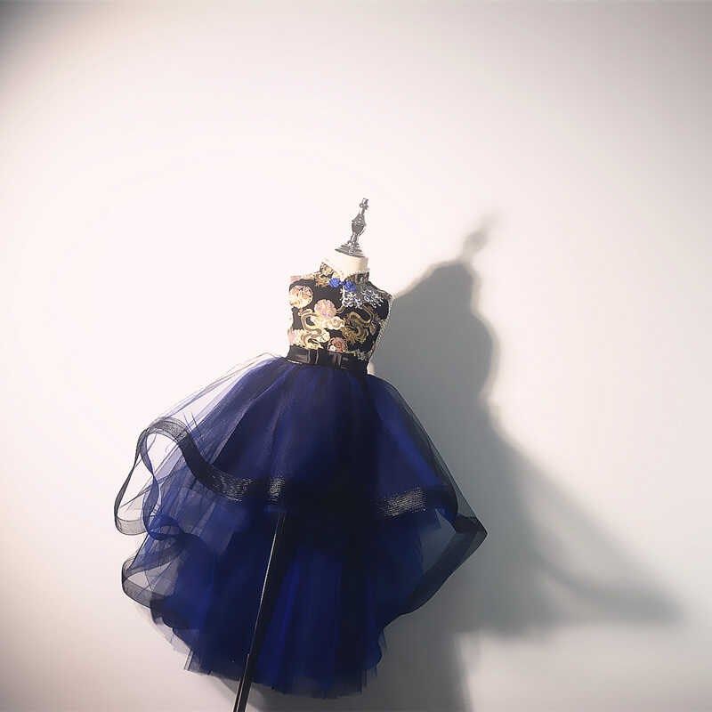 女童旗袍礼服钢琴演出服走秀前短后长花童婚纱蓬蓬纱主持人公主裙