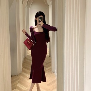 短款上衣针织开衫外套春秋紫色套装中长款显瘦包臀吊带鱼尾连衣裙