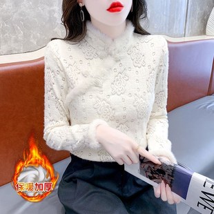加绒加厚蕾丝打底衫女新中式国风改良旗袍盘口毛茸茸拼接立领上衣