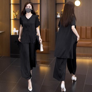 大码女装洋气短袖小衫阔腿裤新中式两件套2025夏季新款时尚套装女