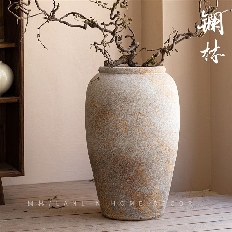景德镇侘寂风粗陶陶瓷花瓶高级感复古民宿插花陶罐落地大号言溪瓶
