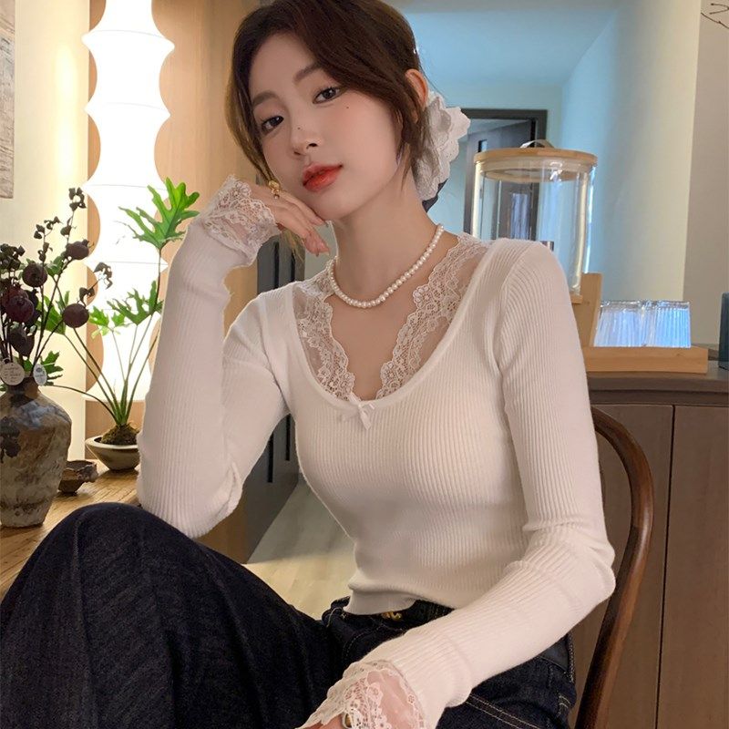 黄色低圆领蕾丝边针织打底衫女内搭2024秋冬新款毛衣春秋甜美上衣,女装/女士精品,毛针织衫,淘宝优惠券,粉丝福利购,淘宝优惠卷