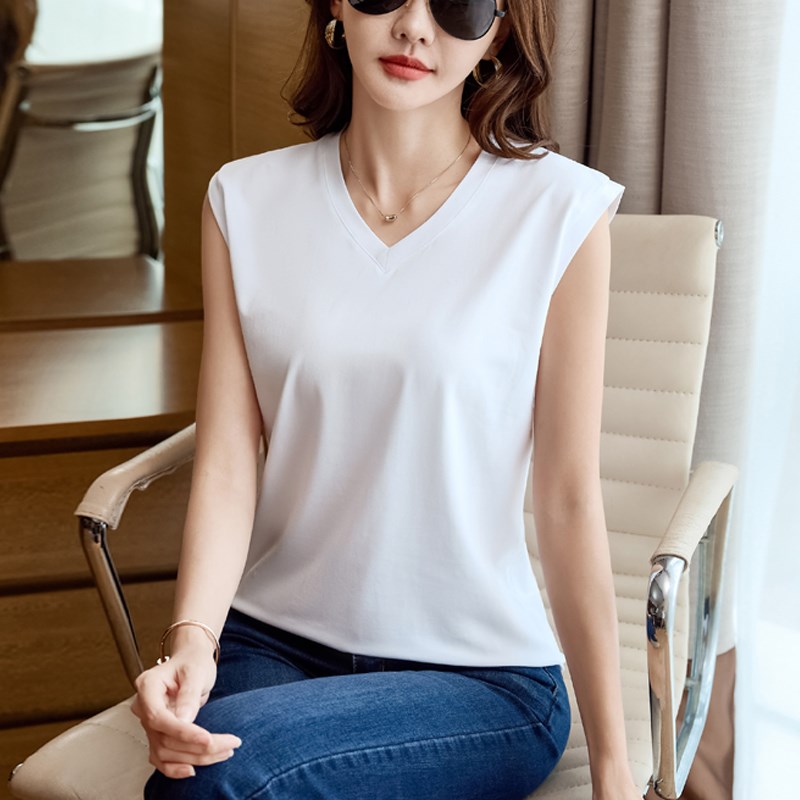 80支丝光棉V领短袖t恤女外穿宽松凉爽夏季无袖背心纯棉打底上衣女