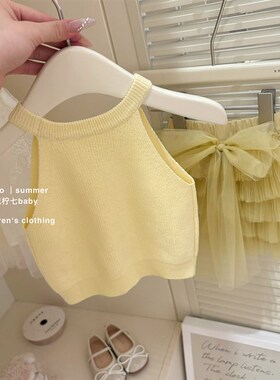 【咸柠七】夏季女童黄色吊带背心上衣网纱手工蓬蓬短裙洋气两件套