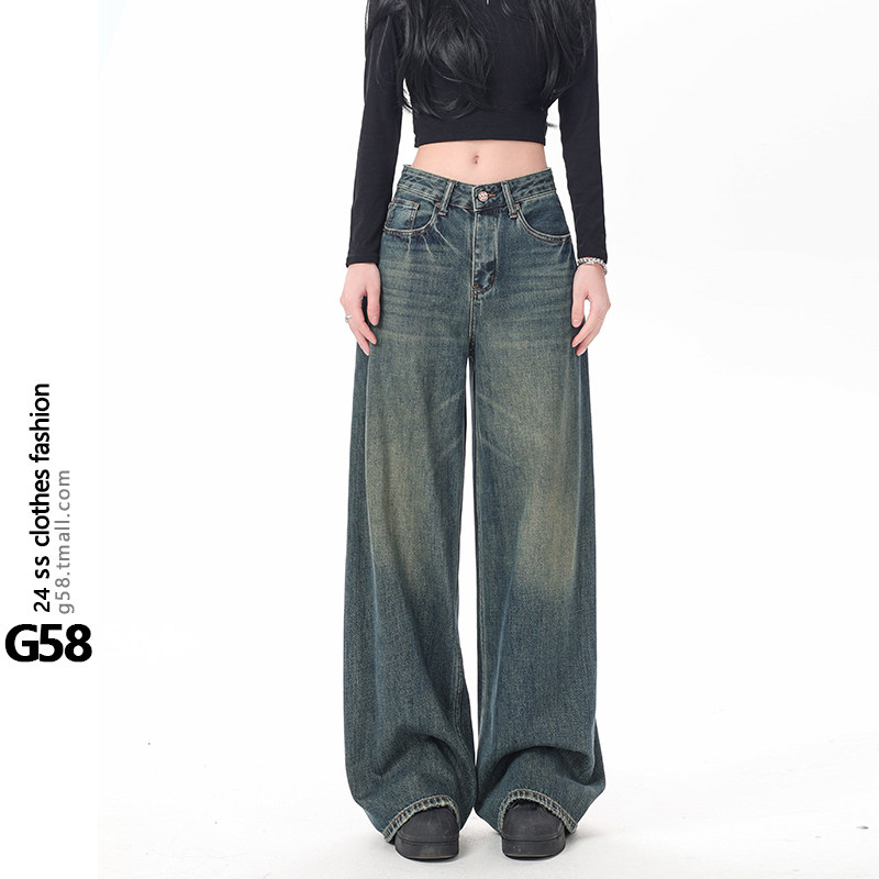 怀旧复古美式阔腿牛仔裤女宽松加绒春秋2025新款垂感直筒拖地裤子