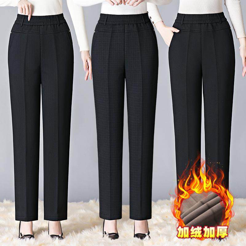 妈妈加绒裤子秋冬加厚高腰格子直筒裤外穿宽松保暖中老年女裤大码
