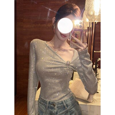 法式烫钻针织长袖T恤女秋