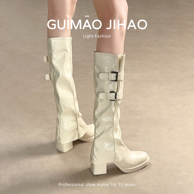 瑰猫记号白色靴子两穿可拆卸长筒靴新款长靴2025秋冬季高跟短靴女
