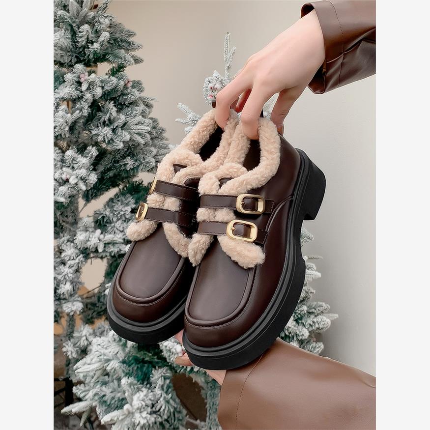 真品牛皮~丝绒女式秋冬小皮鞋2025新款厚底乐福鞋英国棉鞋大码41