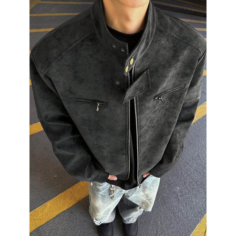 美式扎染正肩皮衣外套男款春秋季覆古痞帅立领男装机车pu皮夹克男