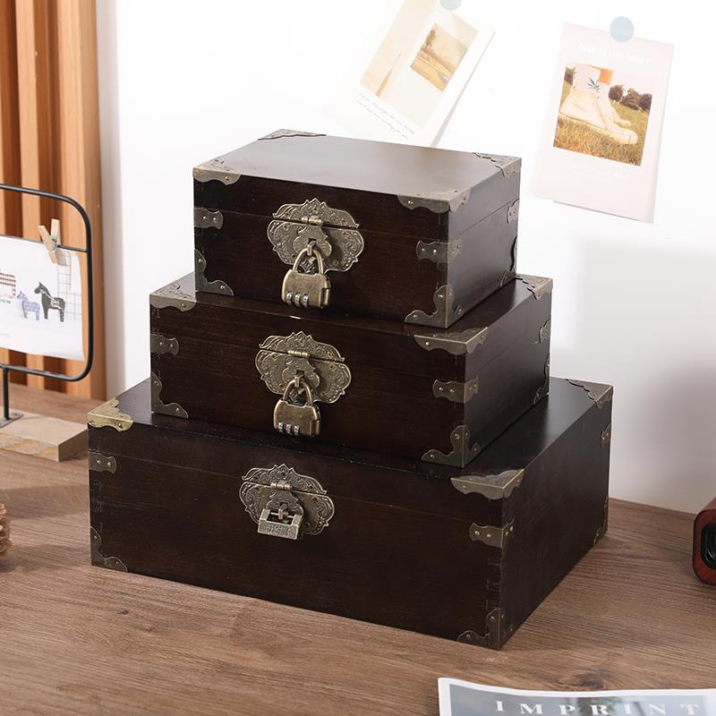 木木盒子复初雅古面收盒带锁实小箱子带锁证件印章纳盒带盖杂物桌