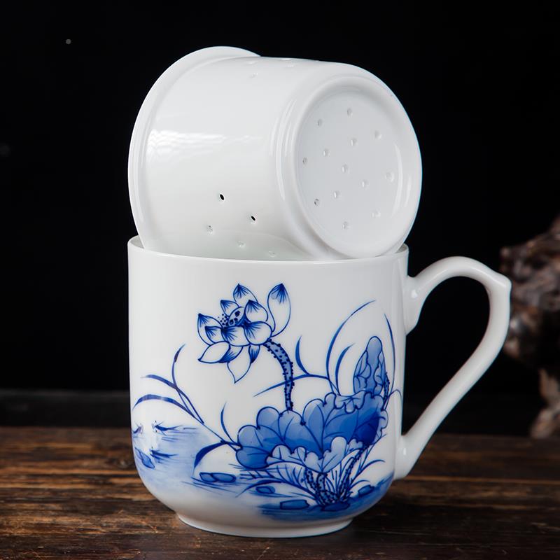 景德镇陶花瓷手DVB办公绘室茶杯 青茶具带盖会议杯子泡滤茶杯过内