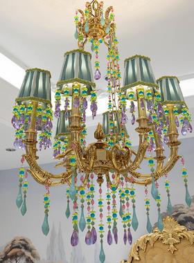 茱8头吊灯莉安欧法式式大珠气奢华客厅灯黄饰覆古8头灯具绿色串全