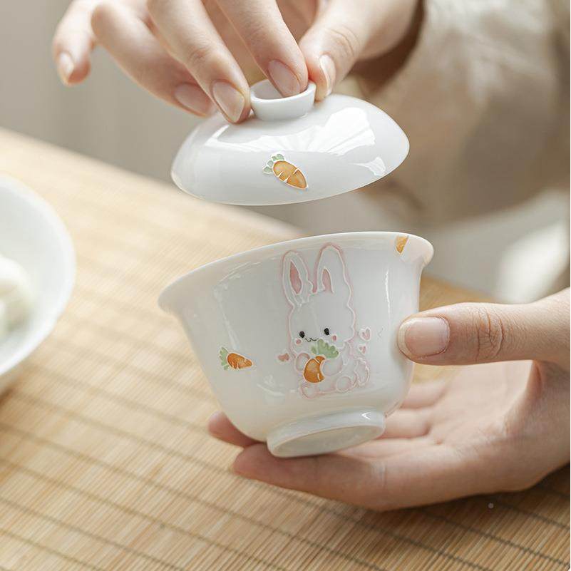 墨己玉泥薄胎茶mjtc手绘萌泡兔盖碗家用功夫具白瓷碗可爱风兔子茶