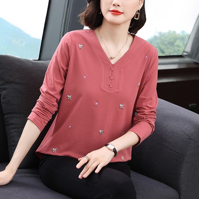 妈妈纯棉长袖T恤女2024春秋装新款中老年大码V领上衣气质打底衫潮