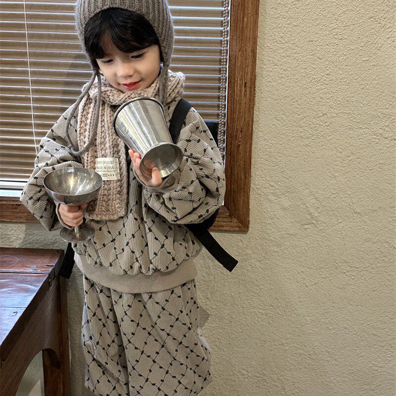 暮晨家冬季套装2023男童灯芯绒加绒高领卫衣儿童加厚束脚裤两件套