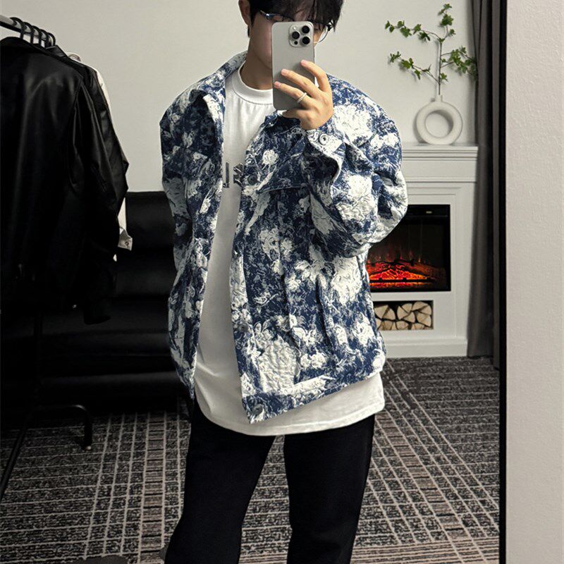 复古vintage提花短款垫肩牛仔外套男士高级设计感街头夹克衫褂子