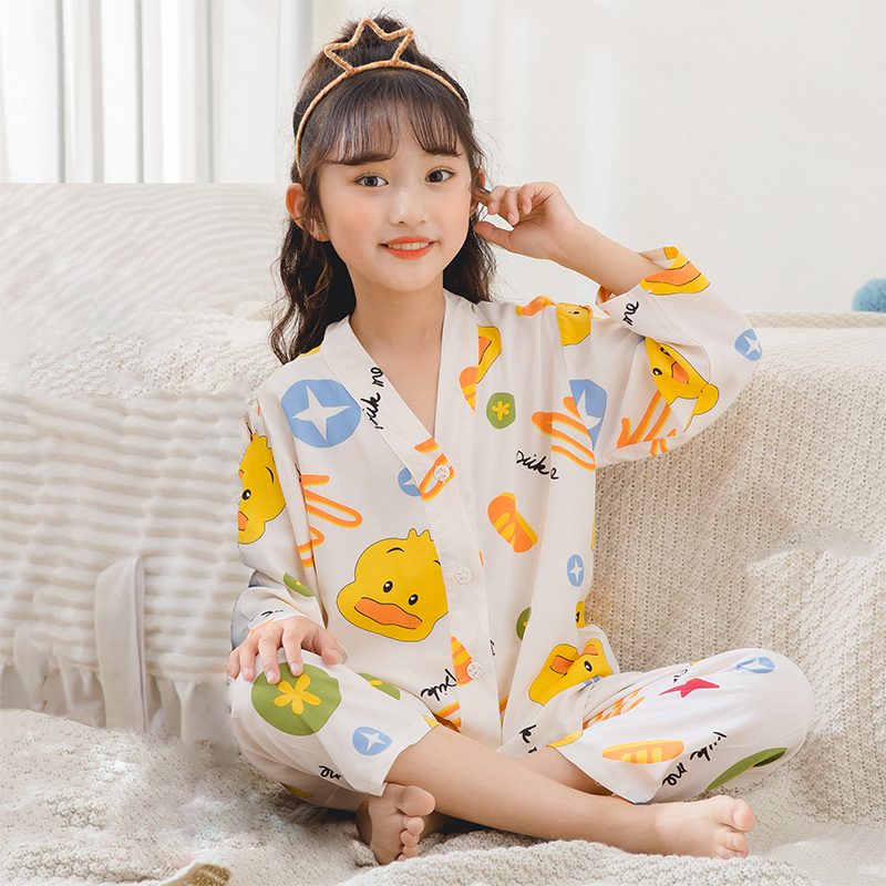 儿童绵绸睡衣夏季女童开衫长袖空调服套装女孩男童宝宝棉绸家居服