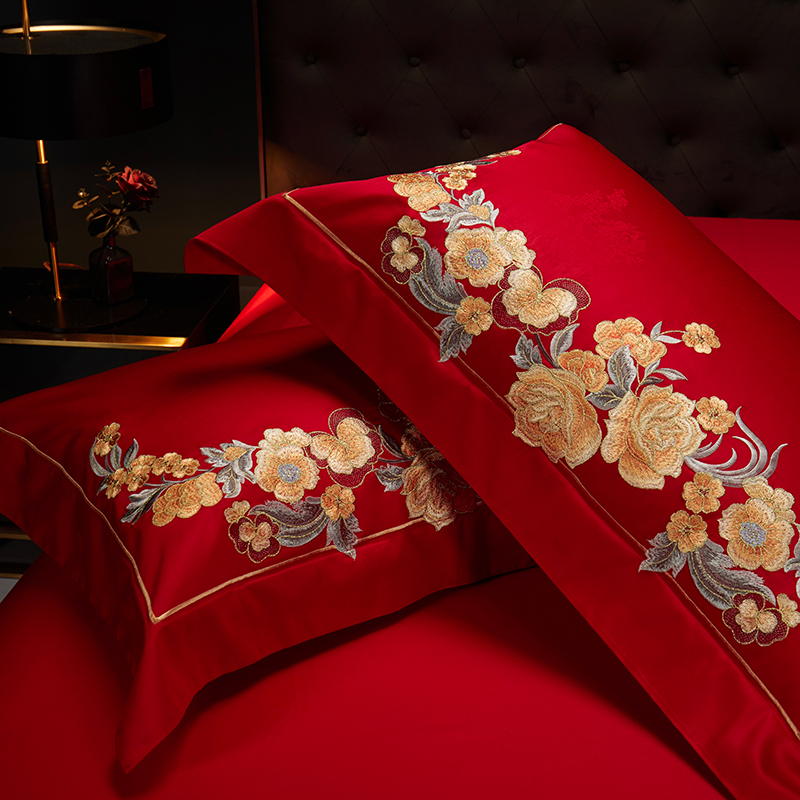 高档奢华龙凤绣花全棉结婚四件套新中式大红婚庆陪嫁高端床上用品