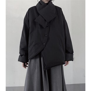 浮木兮/山本暗黑风 小众圆弧偏襟设计感羽绒服带围巾黑色棉服外套