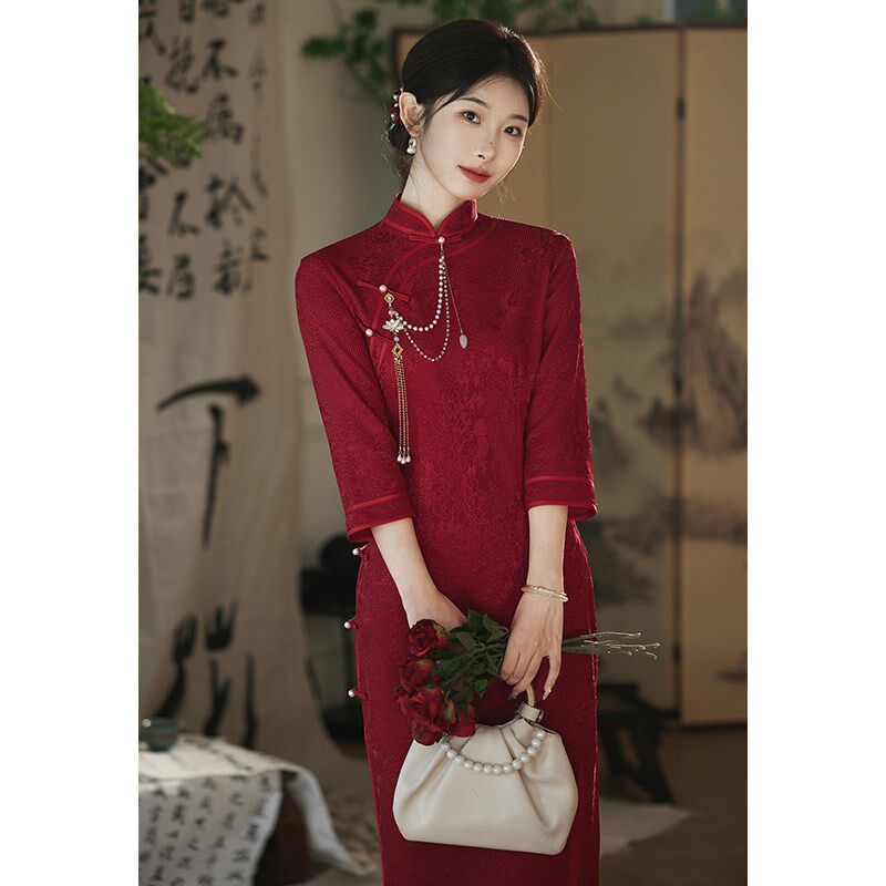 红色旗袍敬酒服秋冬季长袖新款高级感新中式婚服新娘结婚订婚礼服