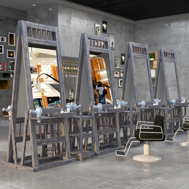 理发店网红镜子美发镜台柜子一体实木单面挂墙发廊双面落地烫染镜