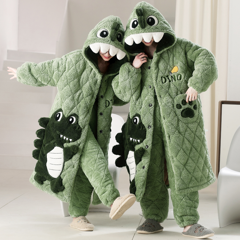 情侣睡衣冬季珊瑚绒加绒加厚三层夹棉男款女睡袍卡通家居服秋冬款