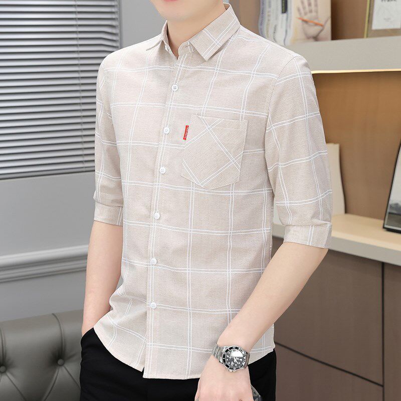 夏季薄款七分中袖衬衫男士2024新款格纹短袖寸衫修身翻领口袋衬衣