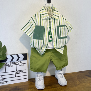男童夏装套装时髦背心短袖衬衫短裤2023新款洋气帅宝宝儿童薄衣服