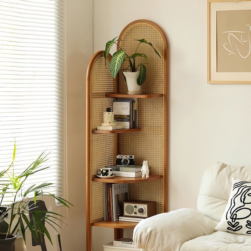法式中复古实木藤编三拐转角柜子置物书架客厅沙发边收纳屏风装饰