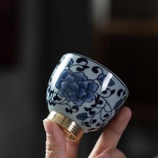 创意禅之莲仿古复古铜脚杯青花瓷单杯子高温烧制杯子家用小杯子
